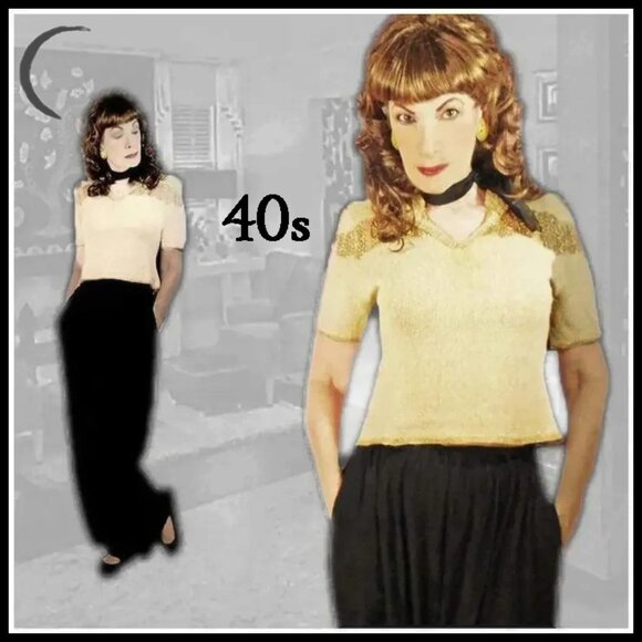 Vintage Cropped Sweater with Metallic Gold, Short Sleeves, 40s Top VFG - Picture 7 of 13